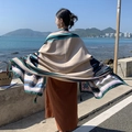 Ethnic style oversized shawl scarf with colorful stripes and tassels in beige and blue - Blue With Leather Buckle Pattern
