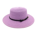Detail of lavender straw sun hat showing fine weave texture and gold buckle trim - M (56-58cm) / Taro Purple