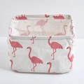 Foldable cotton linen storage basket with pink flamingo print and waterproof lining - White Flamingo
