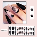 Long stiletto press-on nails set with black rose art and rhinestone embellishments - BKS1649 Black Rose Rhinestone French