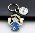 Detail of enamel rainbow charm and angel girl keychain with Schulkind 123 abc text - Sapphire Blue