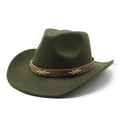 Detail of dark green wool felt cowboy hat with brown leather band and cross stitching - M (56-58cm) / Army Green