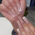 Long square nude press-on nails with white V-cut French tips and sparkling rhinestones - White V French Heart Rhinestone Jelly Glue Version (CBLCY-87)