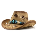 Cappello da cowboy in paglia marrone con fascia di perline turchesi e tesa larga curva - Caffè Cachi
