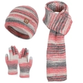 Pink and grey striped knit winter set with fleece-lined beanie, scarf, and gloves - Three-Piece Set / Rose Red