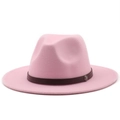 Detail of pink wool fedora hat featuring a brown leather band and vintage metal buckle - M (56-58cm) / Pink