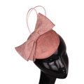 Pink linen vintage fascinator hat with large bow and circular base for women - Dusty Pink