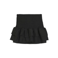 Women's black tiered ruffle mini skirt with elastic smocked high waist on white backdrop - XS / Black