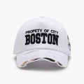 White cotton baseball cap with Boston letter embroidery and distressed brim detail - Adjustable / White(24A231)