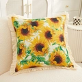 Linen sunflower printed throw pillow with beige fringe trim on a velvet chair - 45x45cm Pillow Cover / Sunflower 2759