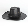Detail of black faux leather cowboy hat with braided rope band and metal side eyelets - Adjustable / Black