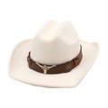 Detail of white felt cowboy hat featuring brown leather band and silver bull head emblem - One Size / White (Brown Bull Head Decor)