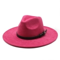 Classic wide brim fedora hat in vibrant magenta suede with black leather belt and silver buckle - M (56-59cm) / Rose Red
