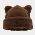 Detail of plush brown cat ear winter hat with soft faux fur texture and thick warm lining - Dark Brown