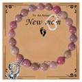 Pink zebra stone bracelet for new moms with silver baby feet and heart charms - Red Wood Grain Stone