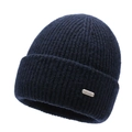 Dunkelblaue Rippstrick-Beanie mit Umschlag und kleiner Metallplakette für Damen Herren - Einheitsgröße / Marineblau