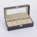 Schwarze Uhrenbox für 5 Uhren aus PU-Leder mit Sichtfenster und Samtfutter - 5 Slots - Beige Interieur