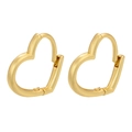 Close-up of golden heart-shaped hoop earrings with minimalist metal polished finish - Heart / Gold