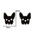 Detailed view of black bulldog stud earrings with 9mm by 10mm dimension markings - Black