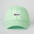 Detailed close-up of mint green baseball cap with IT IS WHAT IT IS printed slogan - One Size(Adjustable) / Washed Light Green