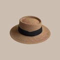 Close-up of fine straw texture and black ribbon detail on this wide brim summer sun hat - 55-58cm Adjustable / Yellow with Black Ribbon