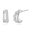 Asymmetric S925 sterling silver hoop earrings with clear zircon stones on white background - Platinum Color