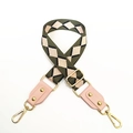 Close-up of ethnic jacquard bag strap in army green with pink leather and gold hardware - No.3 Diamond Jacquard + Pink Leather
