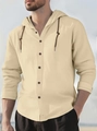 Men's casual linen hooded shirt in apricot beige color with drawstring and buttons - Apricot