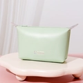 Light green PU leather makeup pouch with silver LOVE lettering on a soft pink base - Dumpling Bag / Light Green