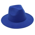 Close-up of bright blue wool fedora hat with wide brim and classic indented crown - One Size / Sapphire Blue