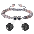 Detail of stone beaded bracelet showing 100 languages I Love You projection feature - Pink Zebra Stone
