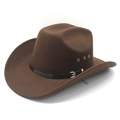 Classic dark brown felt western cowboy hat with a black leather band and metal buckle - M (56-58cm) / Brown