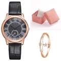 Reloj de mujer de cuarzo rosa con correa de cuero negro y set de pulsera de estrella - Reloj + Pulsera + Caja / Negro