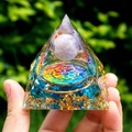 Handheld Orgone pyramid with purple crystal ball, chakra mandala, and blue gravel base - 6cm / A9-Blue Stone Chakra Mandala Purple Ball