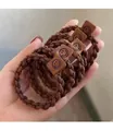 Brown woven hair ties with smiley leather patches for women high ponytail styles - Braided Smile Tag / Light Coffee Braid