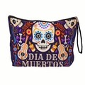 Borsa trucco viola Giorno dei Morti con stampa teschio e chiusura a cerniera - Stile Teschio Chitarra Viola - DIA DE MUERTOS (Con Manico in Fettuccia)
