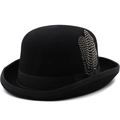 Elegant 100% wool bowler hat in black with striped feather accent for women - M (56-58cm) / Black With Spotted Feather Decor (JXF-527-1)