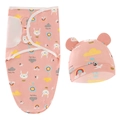 Pink newborn swaddle sack and bear ear hat set with cartoon animal patterns and happy day text - Pink Rainbow Rabbit Swaddle + Hat Set