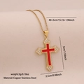 Golden stainless steel cross necklace with red enamel heart and cubic zirconia - Red Cross