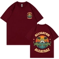 Men's maroon cotton crewneck t-shirt with alligator alcatraz graphic prints on both sides - Burgundy