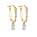 Elegant gold U-shaped hoop earrings with sparkling cubic zirconia and rectangular pendant - Gold