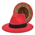 Detail view of red fedora hat featuring leopard print lining and black grosgrain ribbon band - M (56-58cm) / Red