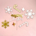 Acrylic Christmas cake topper set with snowflakes and candy canes for holiday party decor. - Merry Christmas 8-Piece Set Gold