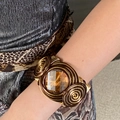 Vintage twisted wire wrap bangle with square amber crystal in bohemian spiral design - Round Style / Gold