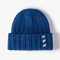 Navy blue rib-knit beanie with white X-stitch embroidery and fold-over cuff design - One Size / Blue