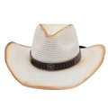 Classic white woven straw cowboy hat with vintage brown gradient and bull head logo - One Size(56-58cm) / White (With Windproof Rope & Bull Head)
