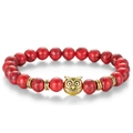 Red marble agate beaded bracelet featuring a vintage golden owl charm and accents - Red Turquoise Bracelet