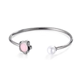 Bracciale a C in argento con fiore di cristallo rosa e perla bianca regolabile - Stile Argento(KB123080-K)