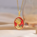 Vintage gold portrait pendant necklace with red enamel and floral engraving detail - Red Queen (A11)