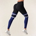 High waist yoga leggings in blue and black with striped details and scrunch butt effect - S / Bottoms / Black & Navy